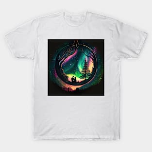 Couple in Heart shaped tree watching the northern lights. T-Shirt